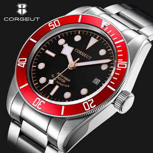 CORGEUT Reloj mecánico automático para hombre, correa de acero inoxidable, bisel rojo, esfera negra, cristal de zafiro, reloj deportivo de buceo de 40mm - Product Image 1