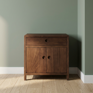 Table de chevet en teck foncé avec 1 tiroir et 2 portes, avec boutons ronds en bois - Product Image 2