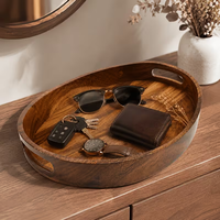 Plateau de service rond en bois d'acacia, plateau décoratif rond en bois pour table centrale, plateau de service rond en bois d'acacia avec poignée