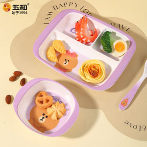 Wu He Choco <b>Bear</b> Kids Melamine Dinner Set Divided Plate Bowl Cup Spoon Fork Cartoon Style Heat Resistant Fresh <b>Cute</b> Design - Product Image 3