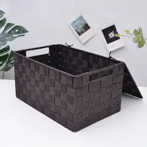 Polypropylene Storage closet organizer set of 3 woven storage plastic basket with lid and handle for sundries