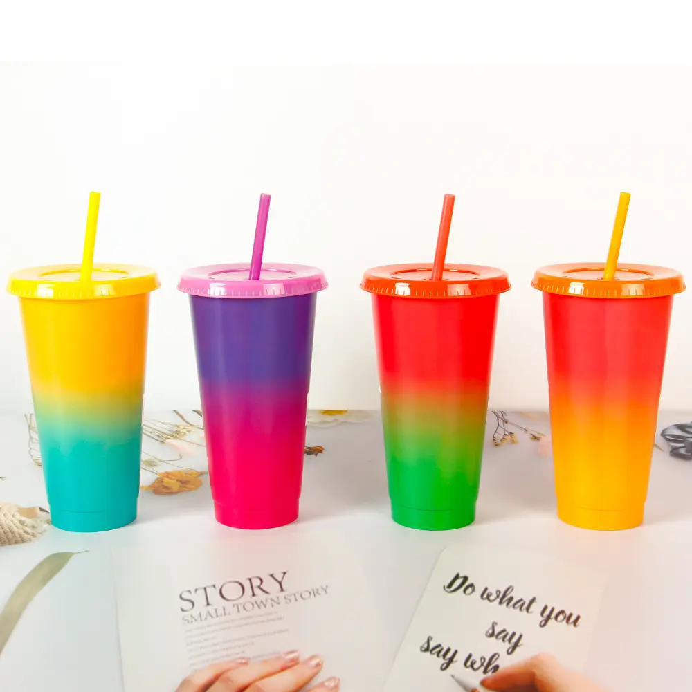 pp single layer plastic straw cup 710ml heat straw frosted cup temperature sensitive color changing plastic cup factory