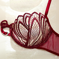 Ensemble de lingerie en dentelle pour femmes, sexy, rouge vin, broderie, soutien-gorge et culotte, strass en forme de cœur, pour femmes, lingerie exotique, vente en gros OEM