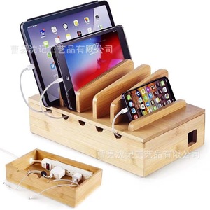 Soporte de madera para cargar teléfonos móviles con caja organizadora de cables para escritorio, soporte de almacenamiento multifunción - Product Image 1
