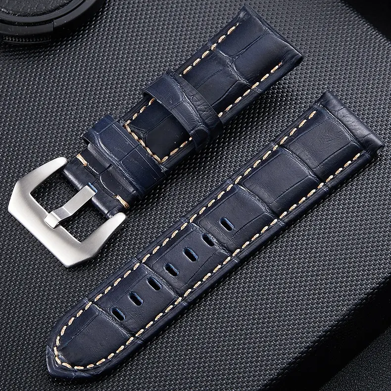 Bracelet de montre Crocodile en cuir bleu, luxe à boucle argentée, ceinture de 20 22 24 26mm, 1 pièce