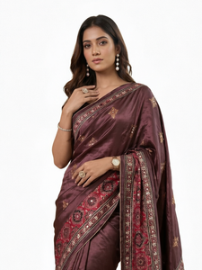 Sari Tradicional de Seda con Estampado Inspirado en Ajrakh, Diseño Reversible con Espejos, para Bodas, Sari Largo Hasta el Suelo para Mujer - Product Image 1