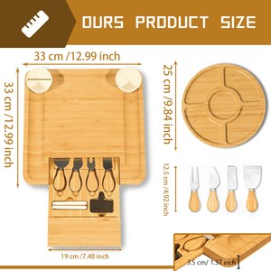 Tabla de cortar de queso cuadrada de bambú con juego de cuchillos Tabla de charcutería de madera que incluye bandeja redonda para servir y plato de cerámica - Product Image 5