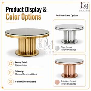Table ronde d'événement en acier inoxydable doré avec base colonne et plateau en verre trempé miroir, finition laquée, vente en gros - Product Image 4