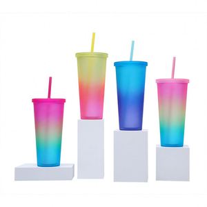 Custom logo 24oz Gradient Colored Acrylic Mug <b>Plastic</b> Matte Pink Coffee <b>Cup</b> Reusable Double Wall Skinny <b>Plastic</b> Tumbler with Lid - Product Image 3