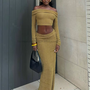 New High Elastic Fabric Off Shoulder Long Sleeve Striped Dress 2 Piece Set for Women Fashion - Product Image 1
