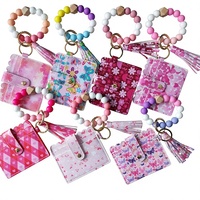 Porte-cartes en PU imprimé UV couleur macaron tendance avec pompon, livré avec porte-clés en silicone perlé, portefeuille multi-cartes pour documents d'identité