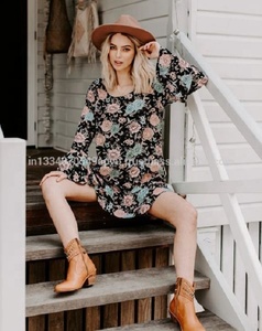SRJ EXPORTS Eco-Friendly Breathable Plus Size Bohemian Floral Print Chiffon <b>Mini</b> Dress O-Neck <b>Lantern</b> Sleeve Loose Fit Women's - Product Image 3
