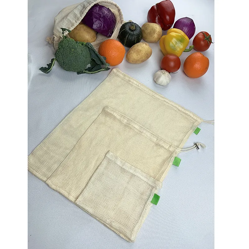 Yumuşak pamuk yıkanabilir örgü çanta depolama meyve sebze için yeniden İpli çanta