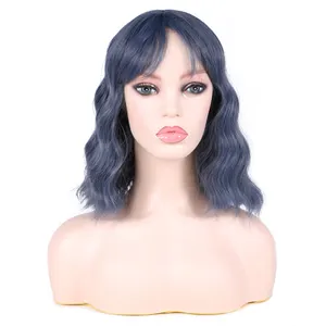 Hot Sell Astel Wavy Wig With Air Bangs Women's Short Bob Pink Wig Curly Wavy Shoulder Length Pastel Bob Synthetic Cosplay Wig