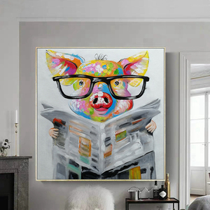 Mintura fait à la main toile peintures à l'huile personnalisé en gros maison décorative Pop Art décoration murale journal lecture <span class=keywords><strong>cochon</strong></span> dessin animé - Product Image 1