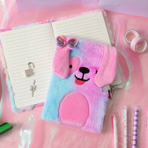 Tie-dye Colorful Private Diary <b>Notepad</b> with Lock Fluffy Journal Plush Rainbow Dog Notebook for Girls - Product Image 2