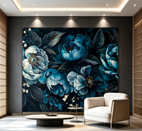 Papier peint mural à fleurs de pivoine bleu sarcelle sur fond foncé pour salle à manger, salon de beauté et salon