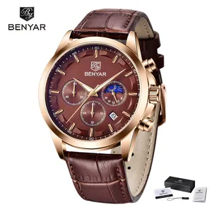 Benyar 5160 Watches Men Luxury Quartz Men Watch Rose Gold Case Fashion Male Clock Chronograph Waterproof Sport Leather Bracelet