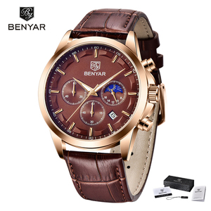 Montres Benyar 5160 pour hommes, <span class=keywords><strong>montre</strong></span> à quartz de luxe pour hommes, boîtier en or rose, <span class=keywords><strong>montre</strong></span> masculine tendance, chronographe, étanche, <span class=keywords><strong>bracelet</strong></span> en <span class=keywords><strong>cuir</strong></span> sport - Product Image 1