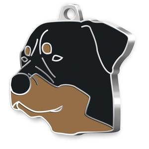 Plaque d'identification pour chien Rottweiler en émail, avec bord argenté et design noir et marron - Product Image 1