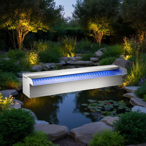 Fontaine cascade pour piscine en acier inoxydable avec bande lumineuse LED, 11,8 pouces, rectangulaire, design moderne pour jardin extérieur, résistante à l'eau - Product Image 2