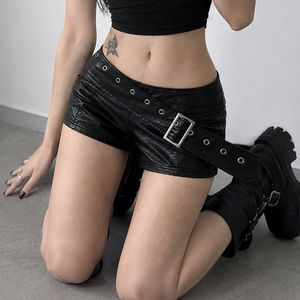 Pantalones de cuero ajustados de moda oscura con diseño de cinturón asimétrico y detalles elaborados, estilo Hot Girl, para baile, de corte ajustado, Hot Pants - Product Image 5