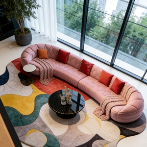 <span class=keywords><strong>Canapé</strong></span> sectionnel incurvé de luxe moderne, revêtement en velours rose, <span class=keywords><strong>canapé</strong></span> arqué avec dossier capitonné pour salon - Product Image 3