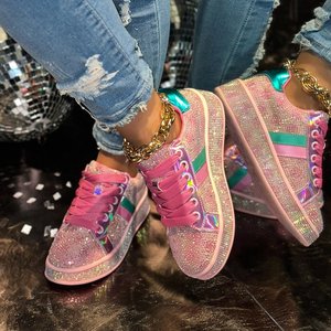 Zapatillas de lujo de caña alta con diamantes de imitación estrellados para mujer, nuevas zapatillas de diseñador con bloques de color arcoíris, suela gruesa, versátiles, estilo skate. - Product Image 3