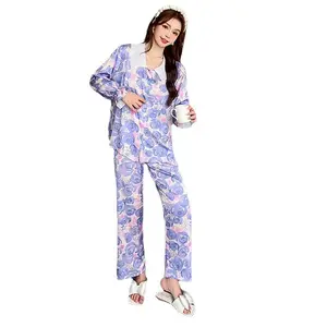 NNR Factory Price Manufacturer Supplier Milk Silk Print Flower Breathable Two-piece Set Nice Quality Women's Pajamas