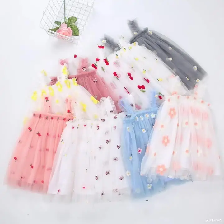 Wholesale Summer Camisole Girls' Dresses Embroidered Sweet Gauze Floral Skirt For Children's Princess Dresses