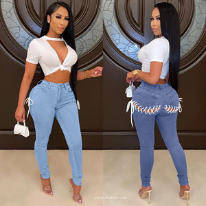 Jeans de Mujer Talla Grande 2-14, Jeans Ajustados Sexys con Cordones, Jeans Ajustados Tipo Tubo, Pantalones de Mezclilla BK705 - Product Image 1