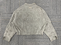 Blouson aviateur homme en mélange coton-polyester gris délavé avec poche 3D et patchwork à rivets, coupe-vent, effet vieilli