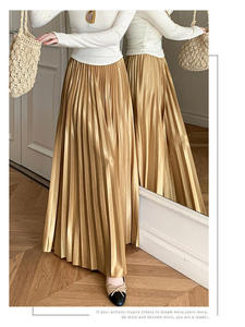 Jupe longue en mousseline de soie de polyester imprimé plissé de couleur unie à la mode en gros, élégante jupe mi-longue taille haute - Product Image 2