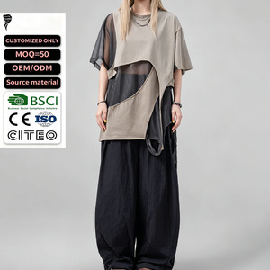 <b>Women</b> Irregular Patchwork Short Sleeve T-Shirt Asymmetrical Hollow Cut Out Loose Fit <b>Mesh</b> Fabric Casual <b>Top</b> OEM ODM Customized - Product Image 1