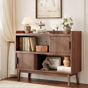 SENYU Modern Solid <b>Wood</b> Side <b>Cabinet</b> with Open Storage & Slatted Sliding Doors Mid-Century Accent <b>Cabinet</b> <b>for</b> <b>Living</b> <b>Room</b> OEM/OD - Product Image 1