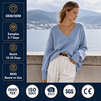 Pull ample en cachemire 100% pour femme, col en V profond, bleu clair, style coréen, tricoté, fil 2/26Nm