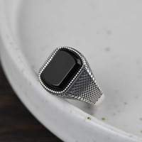 Bague ouverte géométrique rectangulaire en argent sterling 925 avec onyx noir pour homme, bijoux vintage