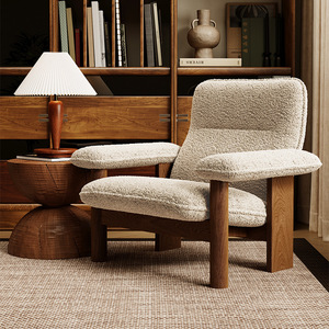 Hotel Lounge Chair Solid Wood Oak Cream Lamb Wool Upholstery Indoor Study Room Chair - Product Image 1