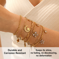 Bracelet à breloques en acier inoxydable pour femme, plaqué or, motifs assortis (cœur, fleur, nœud, étoile, papillon), vente en gros