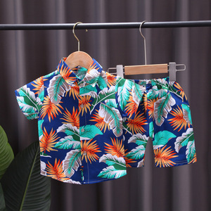 Ensemble de vêtements pour garçon décontracté en coton imprimé, style plage, été, chemise à manches courtes + short, 2 pièces - Product Image 2