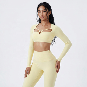 New Fashion Seamless Breathable Quick-Dry Spandex/Nylon Square Neck <b>Crop</b> <b>Top</b> Long <b>Sleeve</b> High Quality Sports Outdoor Regular Gym - Product Image 3