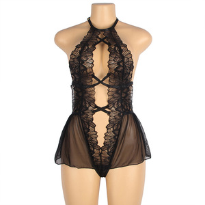 Combinaison <span class=keywords><strong>sexy</strong></span> grande taille pour femme, nuisette de séduction transparente en dentelle évidée et dos nu - Product Image 5