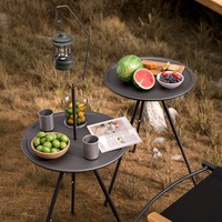Table de camping pliante moderne pour l'extérieur - Petite table basse ronde portable avec support de lampe réglable à double couche - Acier allié ABS