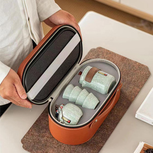 Juego de té de viaje Ru Ware con esmalte craquelado, kit de té Kung Fu de cerámica con bolsa portátil y bandeja para uso en exteriores - Product Image 2