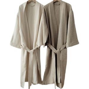 High Quality <strong>Waffle</strong> Linen Stonewashed 100% Pure Linen Pajama <strong>Robe</strong> with Pockets Simple Casual Style Bath <strong>Robe</strong> - Product Image 2