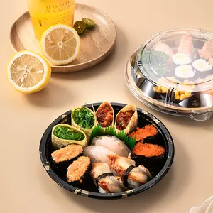 Vassoio da asporto vassoio cerchio piatto contenitore imballaggio scatola di Sushi con coperchio Fast Food in plastica vassoio sushi personalizzato rotondo usa e getta