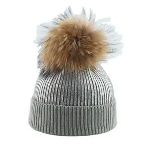 Le plus récent chapeau d'hiver maman et moi chaud chapeau en tricot épais crochet famille correspondant bonnet avec pompon en fourrure véritable