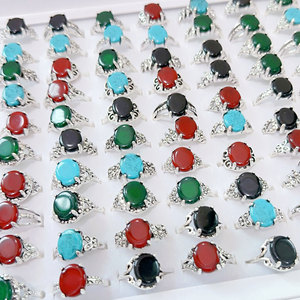 Vintage Silver Plated Gemstone Rings Round Turquoise Red Green Black Alloy Unisex Daily Wear <b>Gift</b> Jewelry - Product Image 2