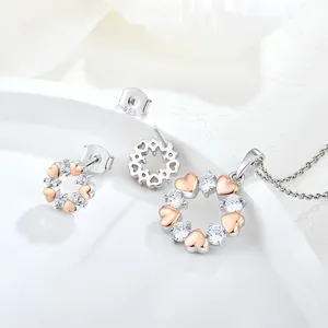Xlove Custom Fine Jewelry Set Rose Gold Plated 925 Sterling Silver Zircon Cute Design Heart Necklace Earring Sets