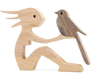 Collection de sculptures d'animaux et d'oiseaux créatives sculptées en bois, statue pour les amoureux des animaux, figurine de femme humaine et d'oiseau - Product Image 1